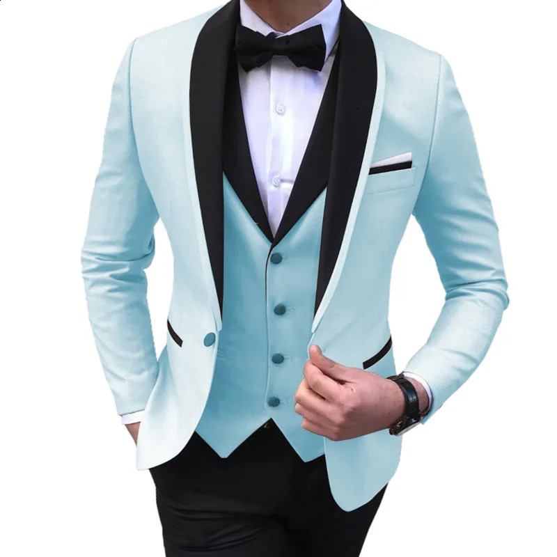 Blue Slit Mens Suits 3 Piece Black Shawl Lapel Casual Tuxedos for Wedding Groomsmen Men blazervestpants 240807