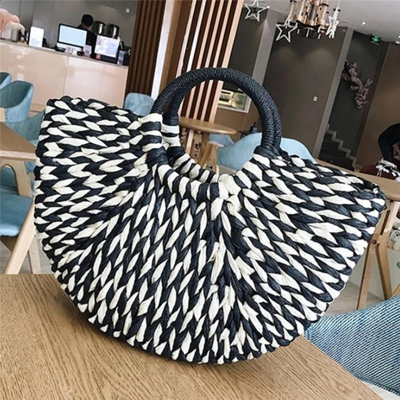 Women Handbag Rattan Wicker Straw Woven Half-round Bag Large Capacity Female Casual Travel Tote Fashion Bolsos Mimbres Paja 250417