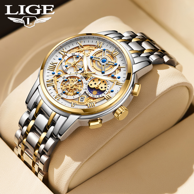 LIGE Men's Quartz Watch Multi-function Chronograph 24-hour Moon Phase Men's Business Waterproof watch stainless steel strap Quarzuhr