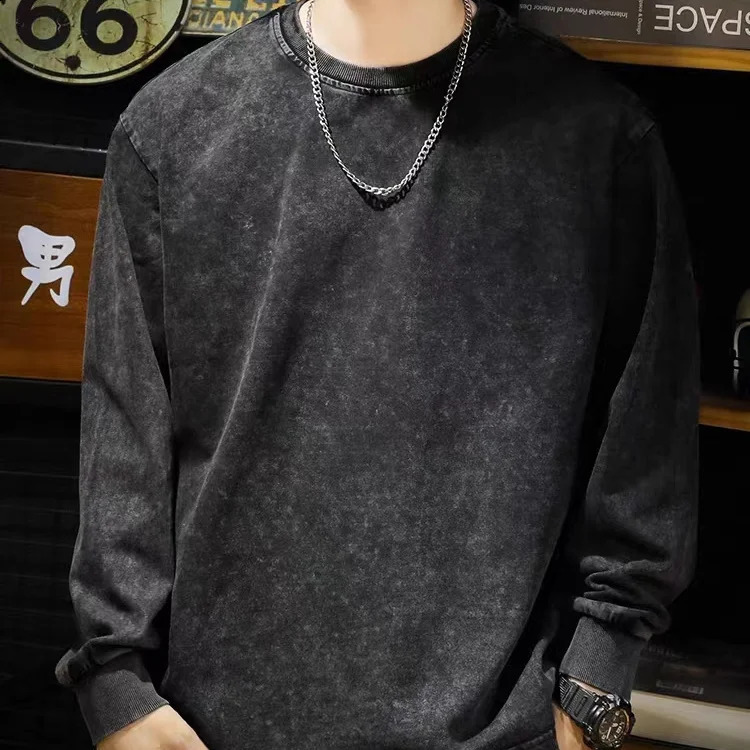 240G Heavy Washed-out Vintage Pure 100% Cotton Long-Sleeve T-shirt Men and Women Loose Spring and Autumn round Neck Sweater 240812