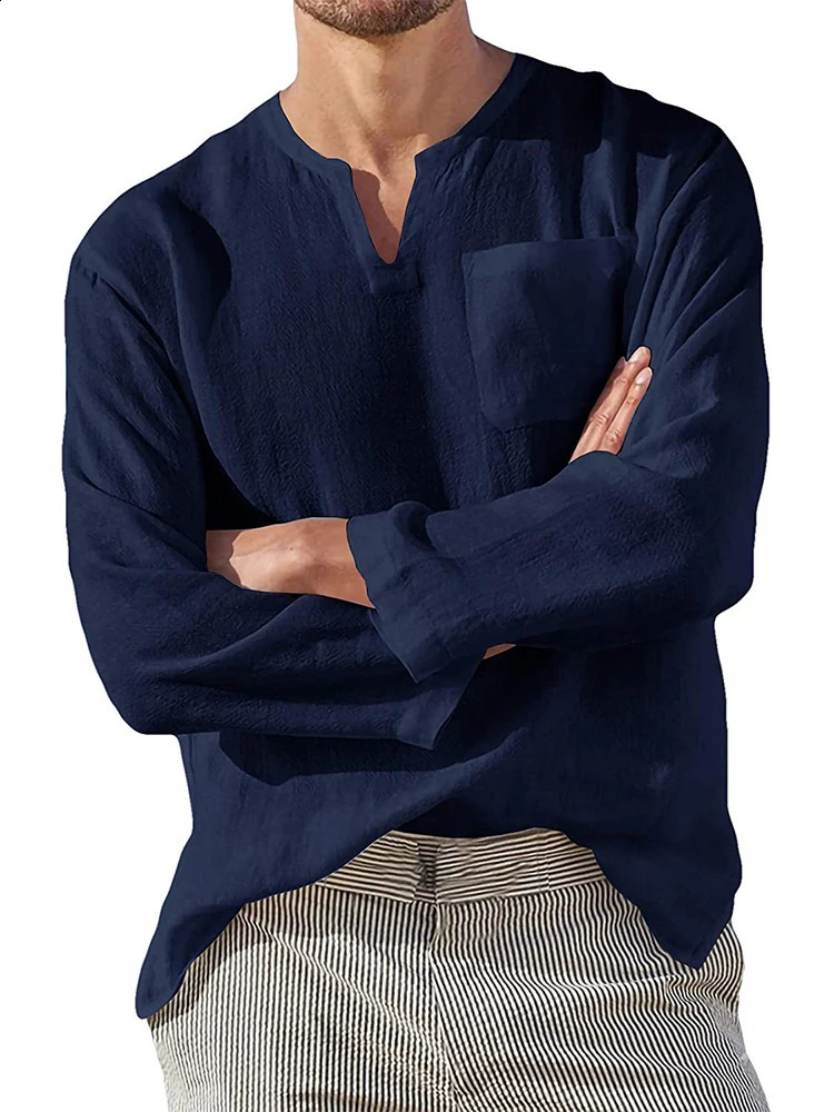 Mens Cotton Linen T Shirt Long Sleeve Hippie Casual Beach Vintage V-Neck Loose Pullover Tops Mens Tees Streetwear 240812