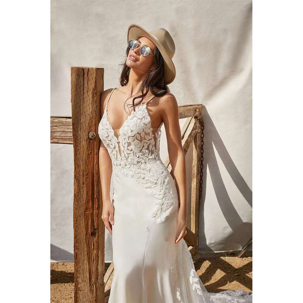 Mermaid Wedding Dresses For Woman Bridal Satin Spaghetti Straps Backless Appliques Robe De Mariee Custom Made