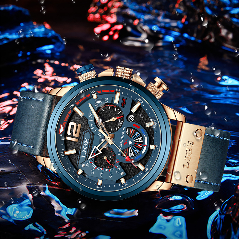 LIGE Fashion Watch Man Luxury Chronograph Sport Mens Watches Quartz Wristwatches Leather Male Waterproof Clock Relogio Masculino
