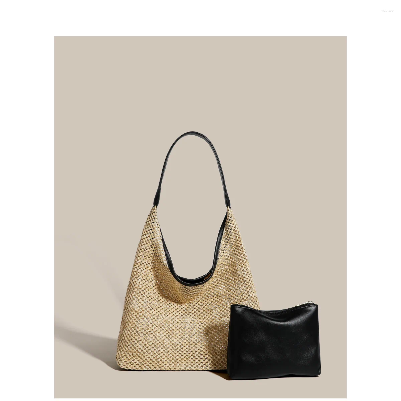 Free Shipping Shoulder Bags Women Straw Bag With PU Purse Ladies Casual Large Capacity Tote For Summer Beach Handbag Stylish Designer Bag Luxury Bag T