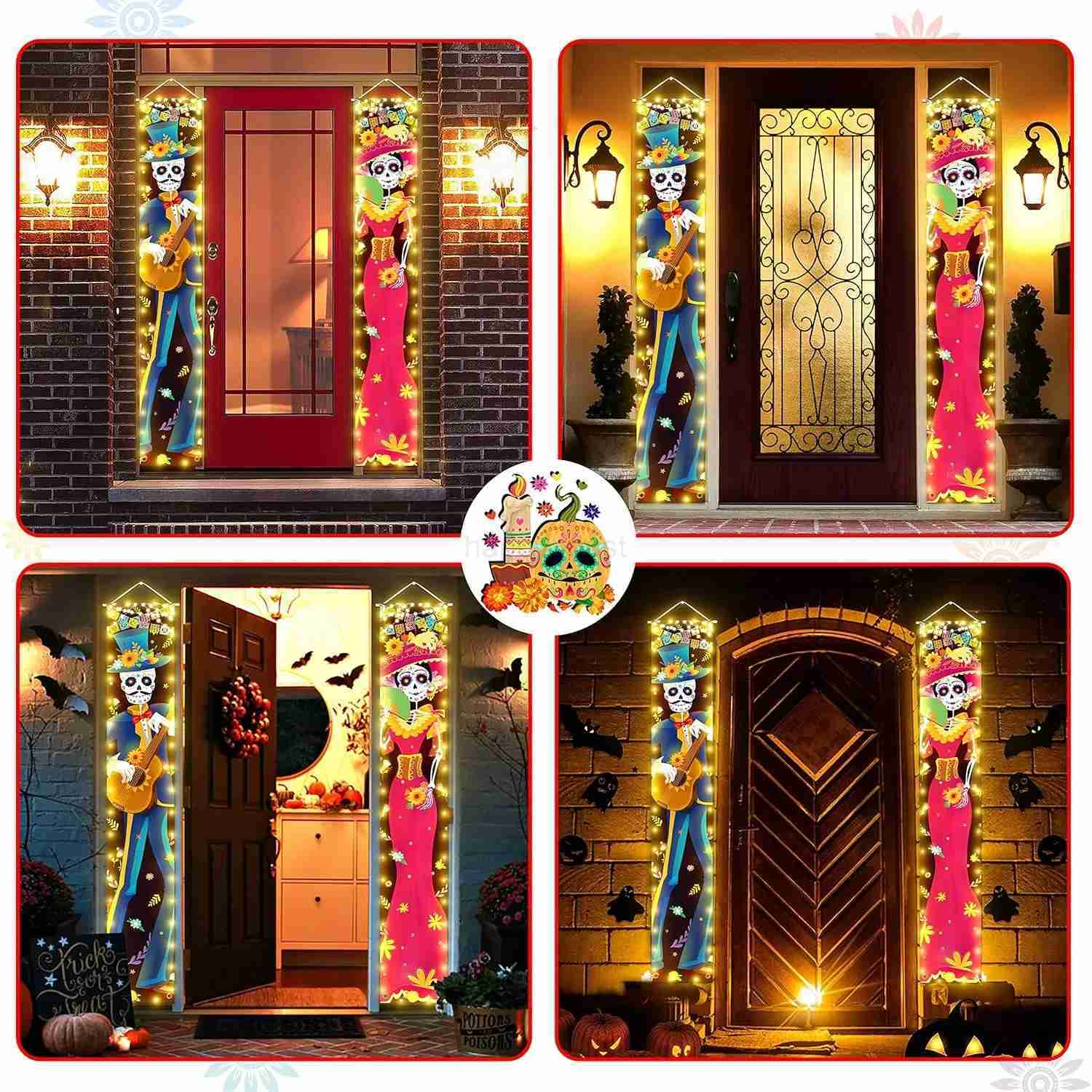Halloween Lighted Porch Signs Banners Decorations Indoor Dia De Los Muertos Day of The Dead Outdoor Wall Door Couplet Decor 2PCSCL240725