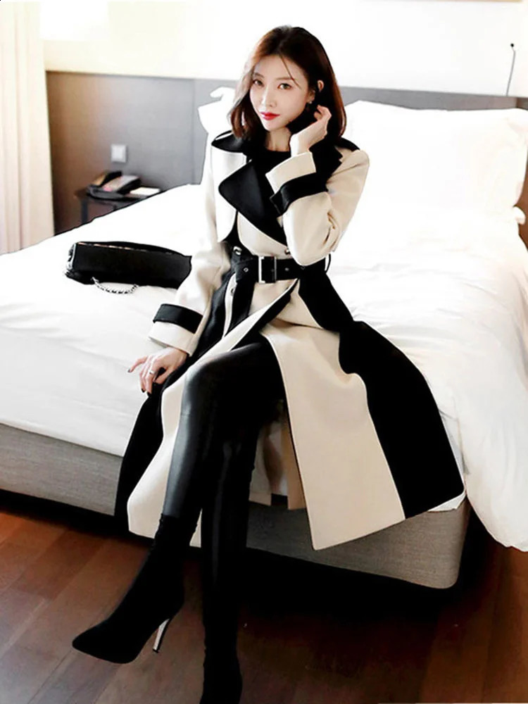 DEAT Woman Trench Coat Color Block With Belt Notched Full Sleeve Elegant High Street Style Autumn Fashion 15TT172 240716