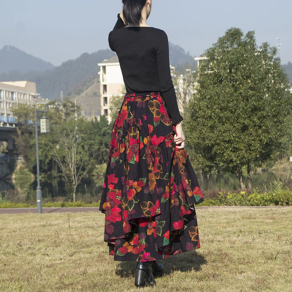 TIYIHAILEY-Womens Long Maxi Skirt Elastic Waist Cotton Linen Flower Print Irregular Autumn Fashion S-2XL 240724