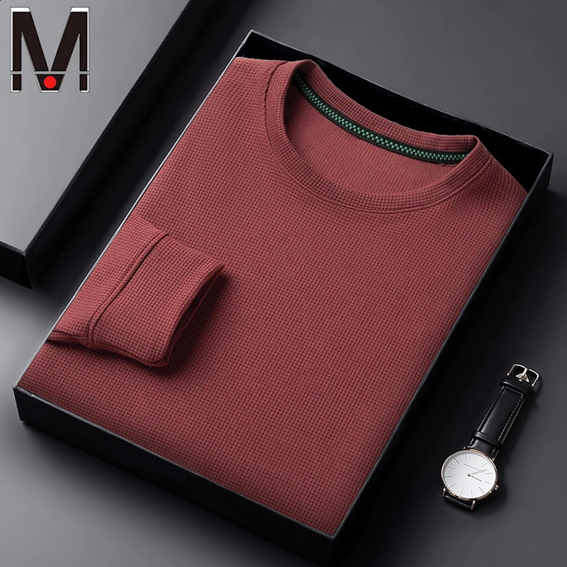 Mens Waffle Round Neck Long Sleeved T-shirt Summer Comfortable Top 240812
