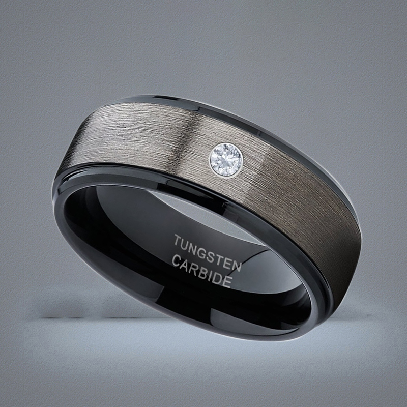 Men039s 8mm Silver Brushed Black edge Tungsten Carbide Ring Diamond wedding band Jewelry for Men US Size 613