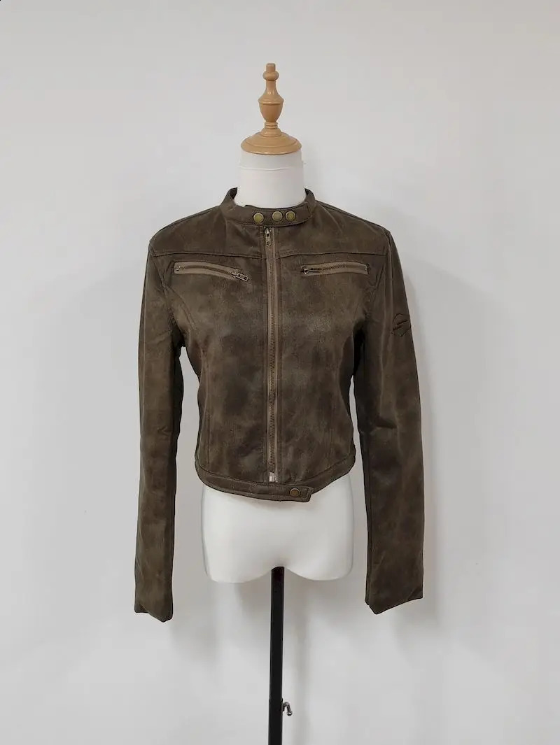American retro brown suede leather jacket for womens spicy girl stand up collar motorcycle cool ultra-thin short spring fashion womens jacket 240824