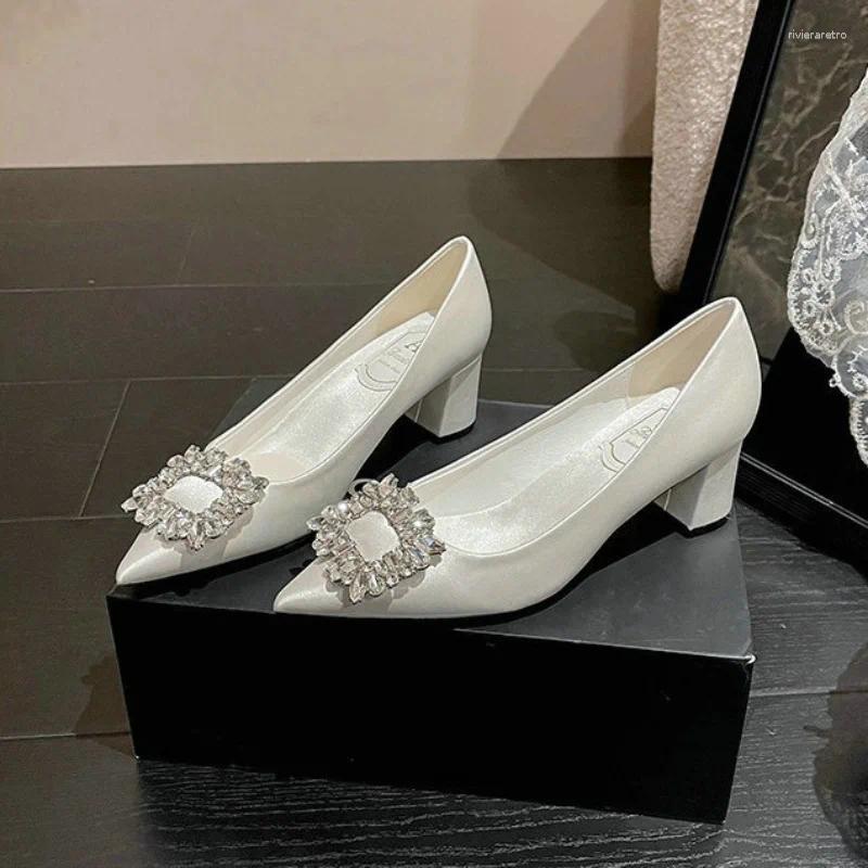 Dress Shoes White Thick Heels Wedding 2024 Bridal Dia Buckle Pregnant Women Pumps