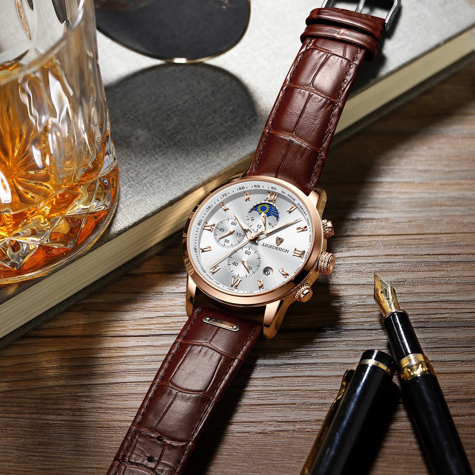 LIGE Men's Quartz Watch 24-hour Moon Phase Calendar Multi-Function Six-pin Watch Classic Business Watch Leather Watch Life Waterproof Watch