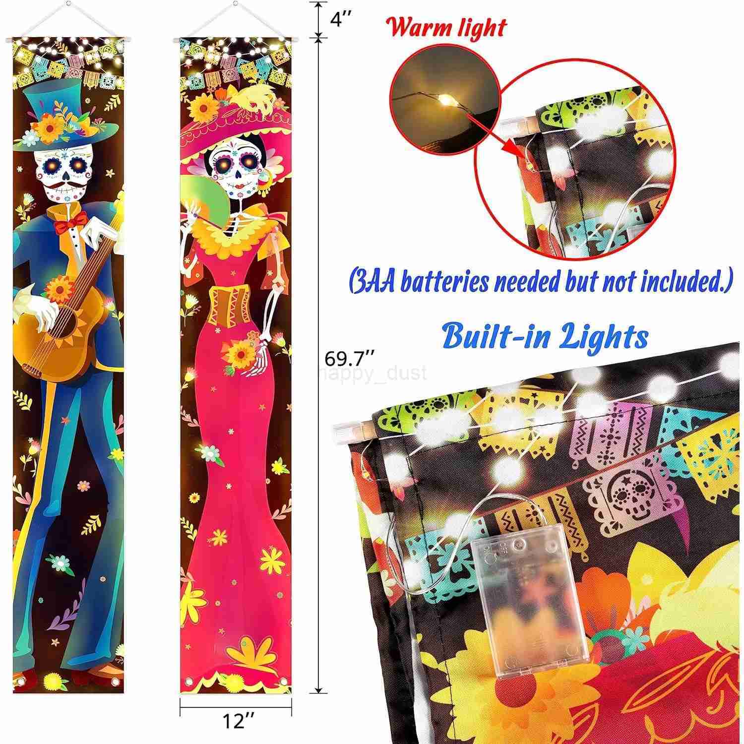 Halloween Lighted Porch Signs Banners Decorations Indoor Dia De Los Muertos Day of The Dead Outdoor Wall Door Couplet Decor 2PCSCL240725