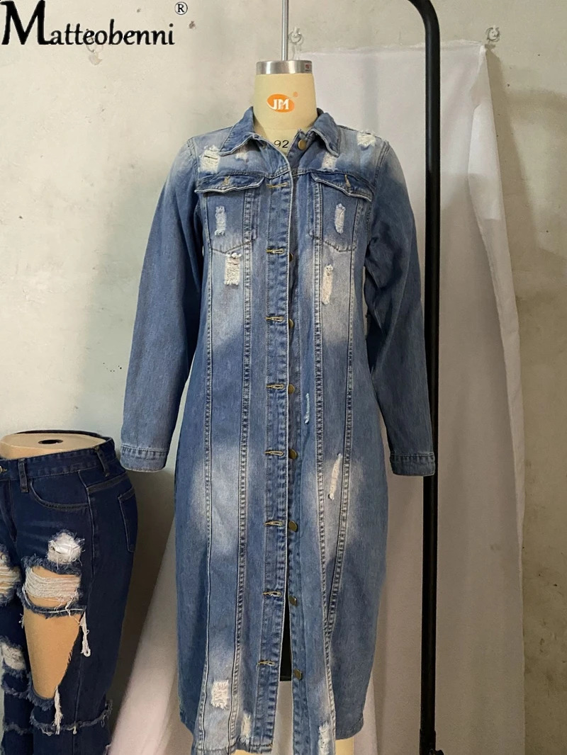 Autumn Women Sexy Ripped Denim Jackets Vintage Casual Long Jean Jacket Winter Female Long Sleeve Coat Streetwear 240717