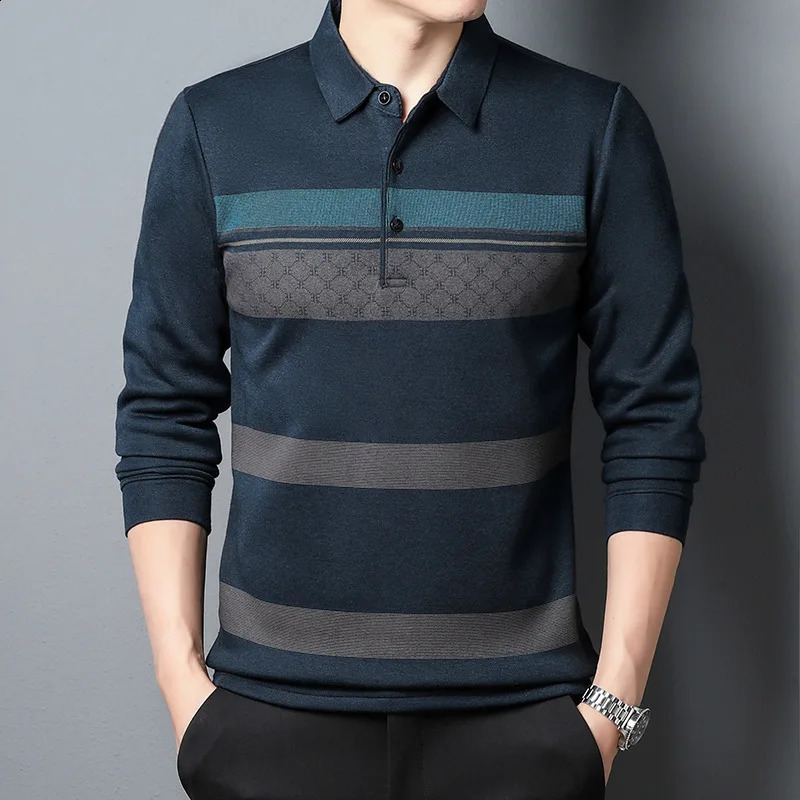 Mens Autumn Clothes Top Long-sleeved T-shirt Fashion Casual Mens Loose Striped Polo Shirt 240824