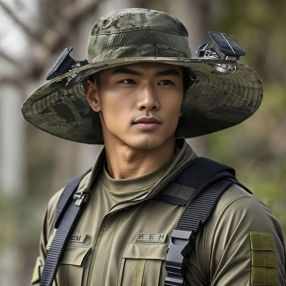 Solar Fan Fisherman Hat Outdoor Big Brim Sunscreen Quick Drying Fishing Hat Mens Charging Big Wind Hat with Fan 240710