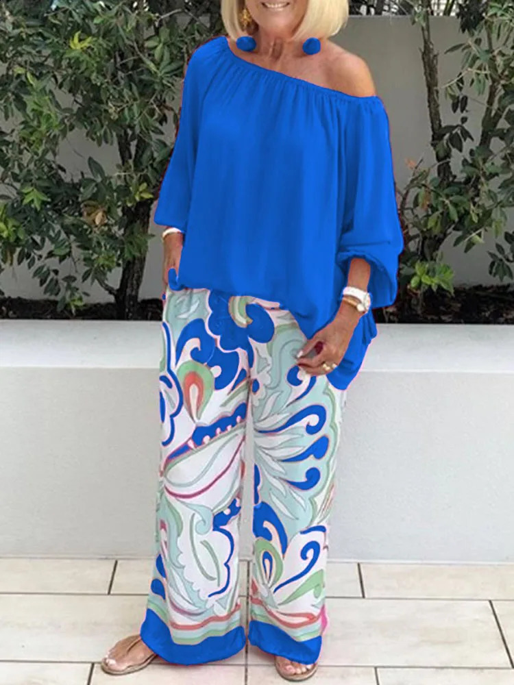 grace sexy One shoulder Loose Long Sleeved T Shirt Set Womens Spring Autumn Leisure Printed Wide Leg Trousers Shirt Two Piece 240813
