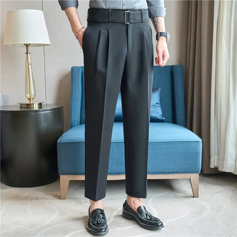 British style autumn belt decoration n set mens Naples high waist casual slim suitable for social folds Trouser 240828
