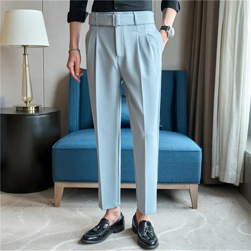 British style autumn belt decoration n set mens Naples high waist casual slim suitable for social folds Trouser 240828