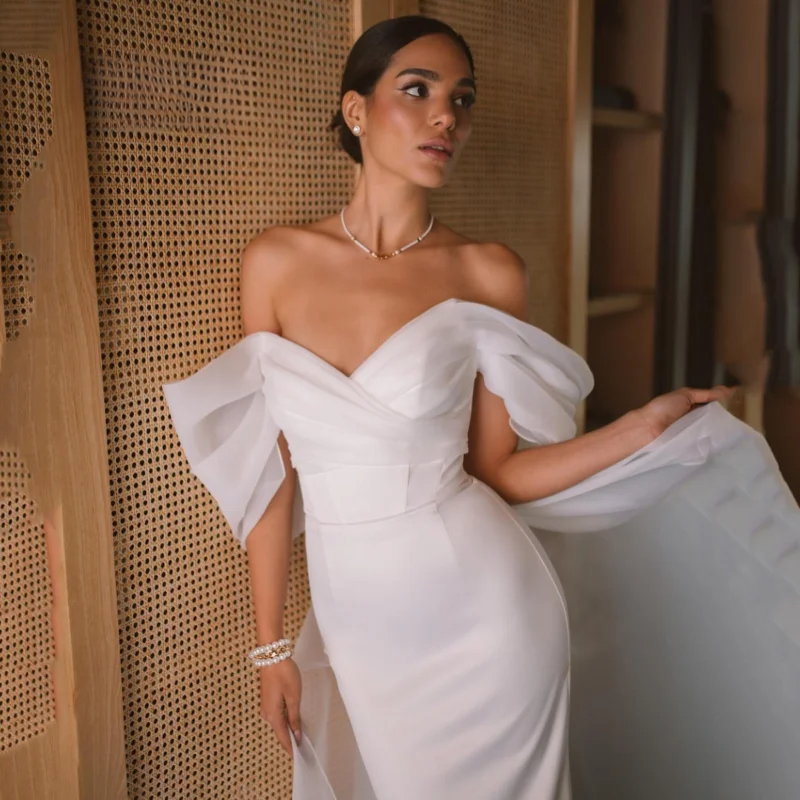 Elegant Sweetheart Mermaid Wedding Dress Women White Off The Shoulder Open Back Satin Bridal Gown Sweep Train Vestidos De Novia 0213