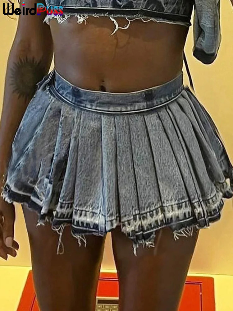 Weird Puss Pleated Mini Skirts Women Summer Trend Denim Vintage Y2K Fashion Wild Streetwear Casual Hipster A-Line Skirt Bottoms 240812