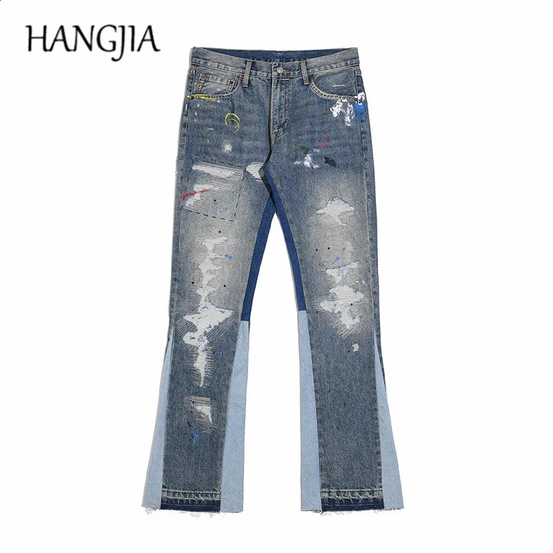 Blue Speckle ink Washed Destroyed Flared Jean Pants Hip Hop Graffiti Ripped Denim Jeans for Men Streetwear Vintage Wide Jeans 240724