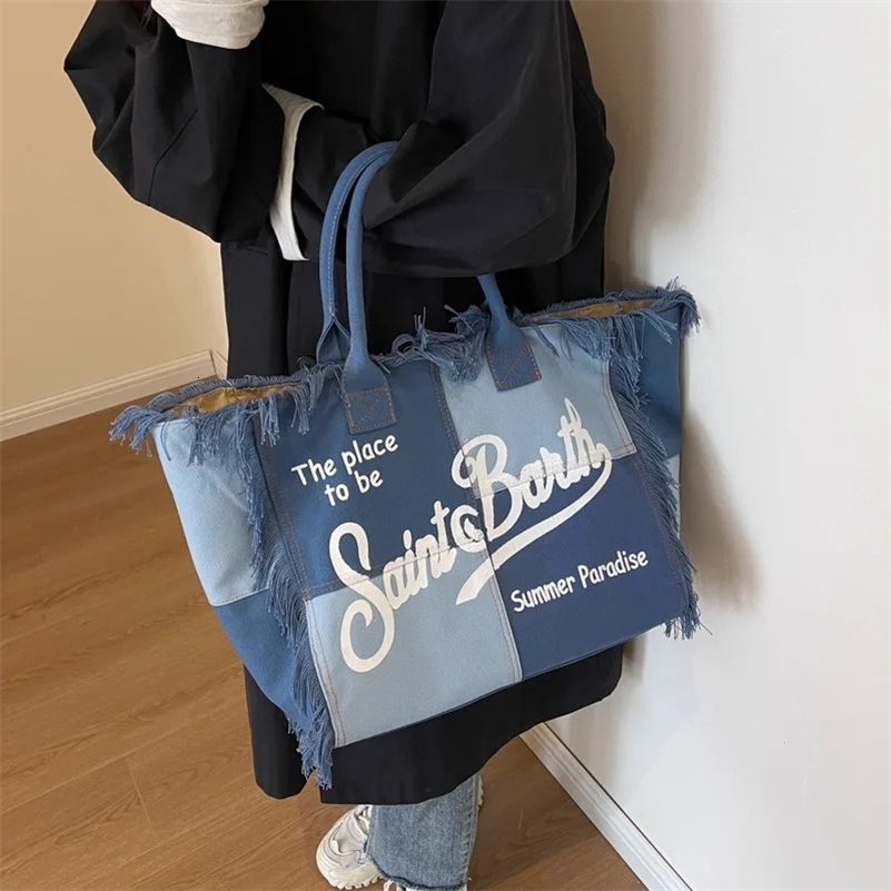 2024 Shoulder Bag European and American Beach Large Capacity Handmade Ruffled Denim Printed Handbag y240724