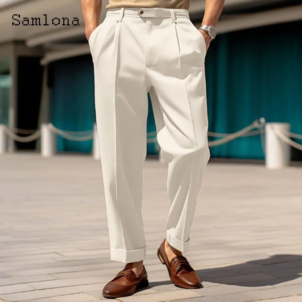 Mens Stand Pocket Elegant Wide Leg Pants Solid White Party Wedding Trousers Plus Size Mens Fashion Buttons Up Suit Pants 240715