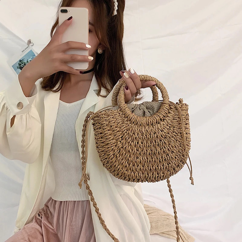 Half-Round Rattan Beach Bag Women Large Capacity Handle Bag Summer Beach Bags Travel Weave Handle Bag Bohemia Shoulder Bag 250207