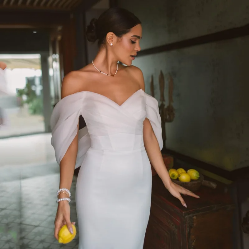 Elegant Sweetheart Mermaid Wedding Dress Women White Off The Shoulder Open Back Satin Bridal Gown Sweep Train Vestidos De Novia 0213