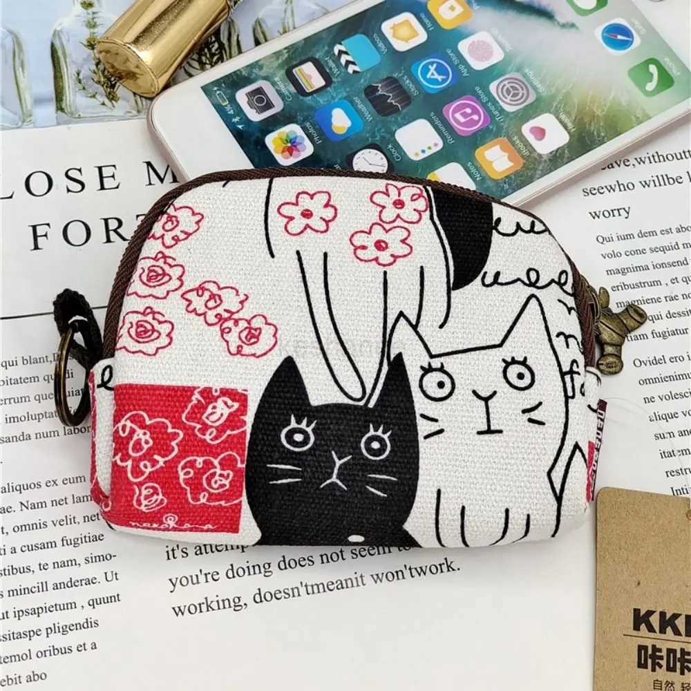 Retro Cat Small Canvas Mini Bag Women Coin Purses Kawaii Short Wallet Girls Purse Card Bags Womens Hand Purses for Ladies KidsXJ240725