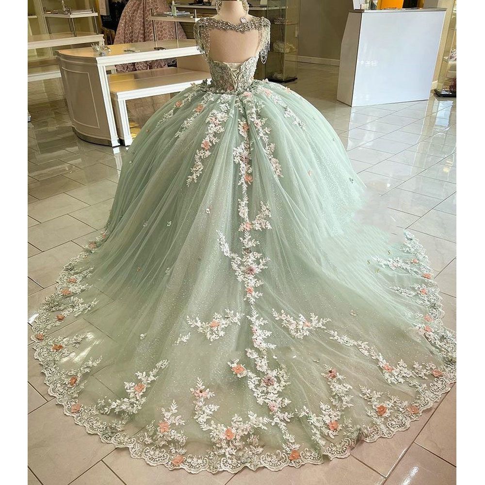 Princess Ball Gown Quinceanera Dresses With Colorful 3D Floral Appliques Beaded Straps Long Tulle Prom Birthday Formal Party Gowns For Teens Girls Ves