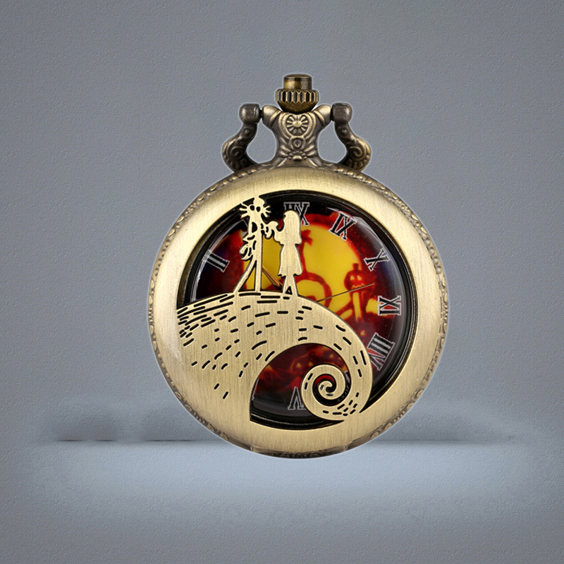 Vine Antique Watch Hollow Case the Nightmare Before Christmas Unisex Quartz Analog Pocket Watches Skull Accessory Necklace Chai