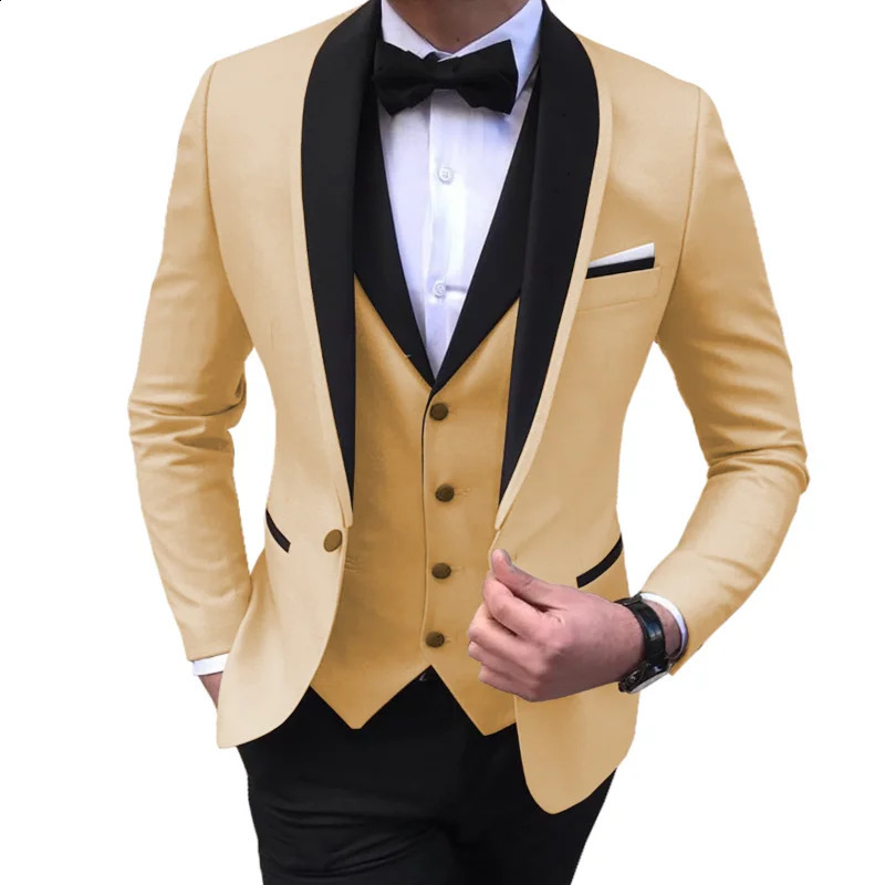 Blue Slit Mens Suits 3 Piece Black Shawl Lapel Casual Tuxedos for Wedding Groomsmen Men blazervestpants 240807