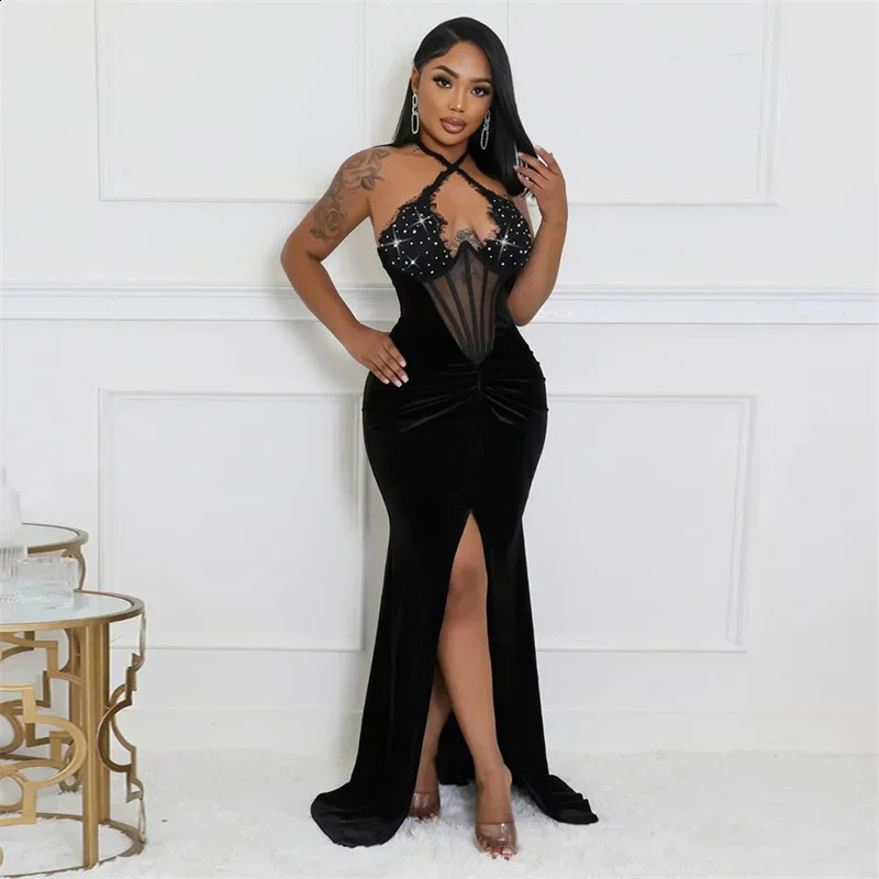 Halter lace up womens lace rhinestone fishbone mesh ultra-thin elegant long velvet party dress front split sexy long skirt with gloves 240812