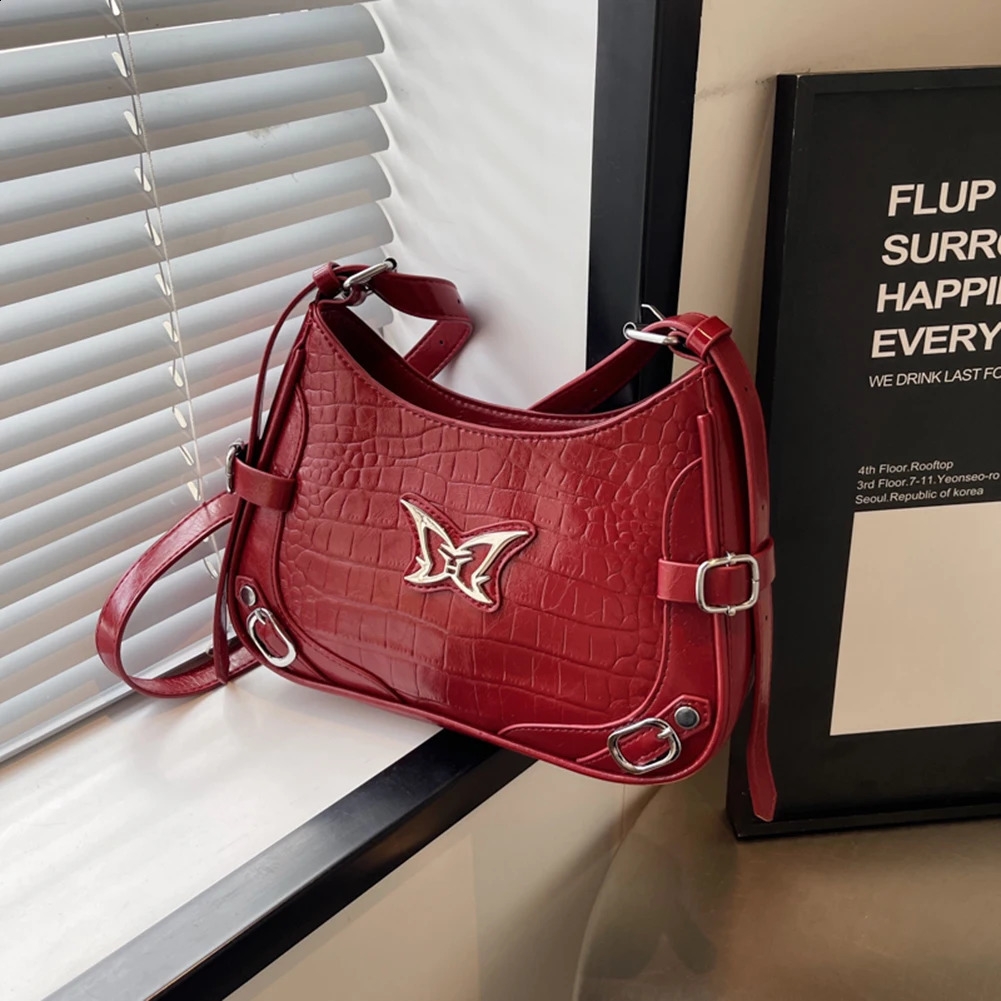 Crescent Bag for Women Butterfly Hobo PU Leather Solid Y2K Shoulder Adjustable Strap Handbag Travel Party Work 240724
