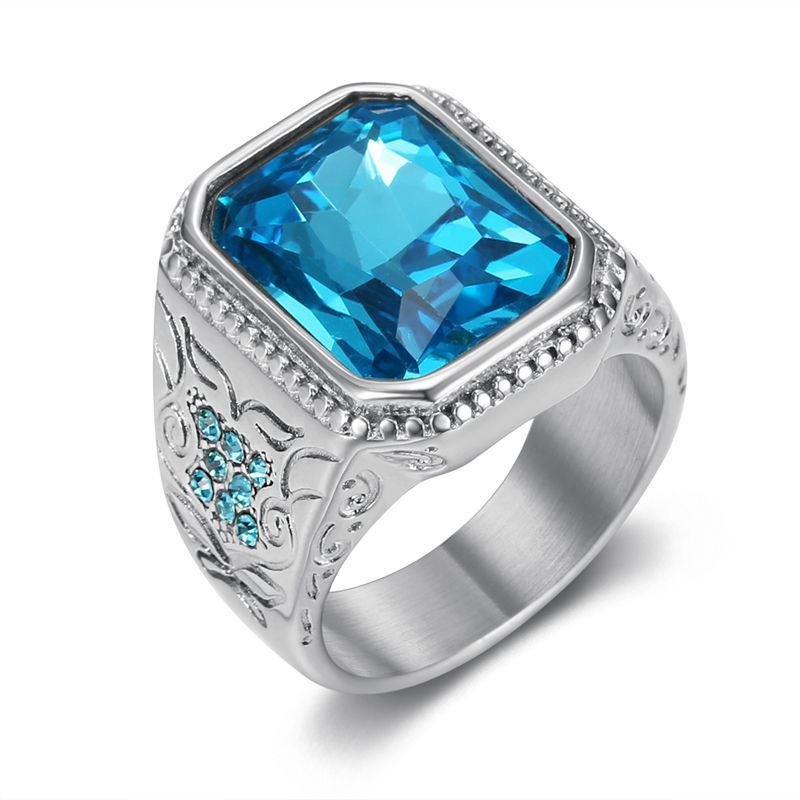 Hip Hop Casting Ring Ice Blue Rhinestone Titanium Steel Gold Plated Mens Jewelry