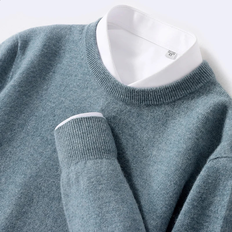 Mens solid color classic O-neck sweater autumn and winter 100% Merino wool knitted pullover long sleeve warm loose top 240821