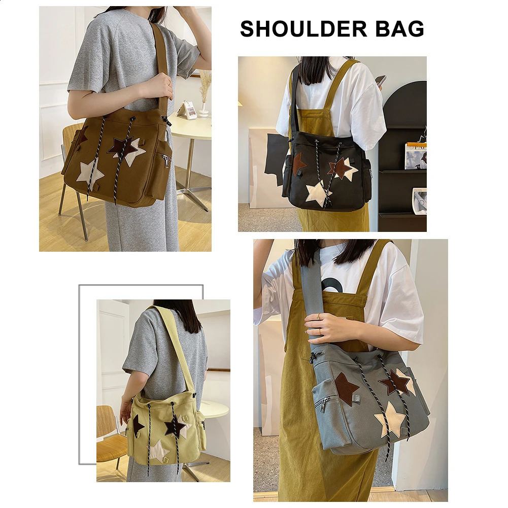 Women Cute Messenger Bag Large Capacity Canvas Lovely Shoulder Star Applique Y2K Street Style School for Teens Students 240724
