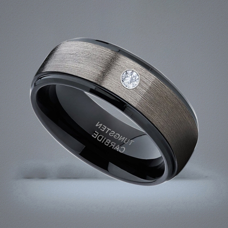 Men039s 8mm Silver Brushed Black edge Tungsten Carbide Ring Diamond wedding band Jewelry for Men US Size 613