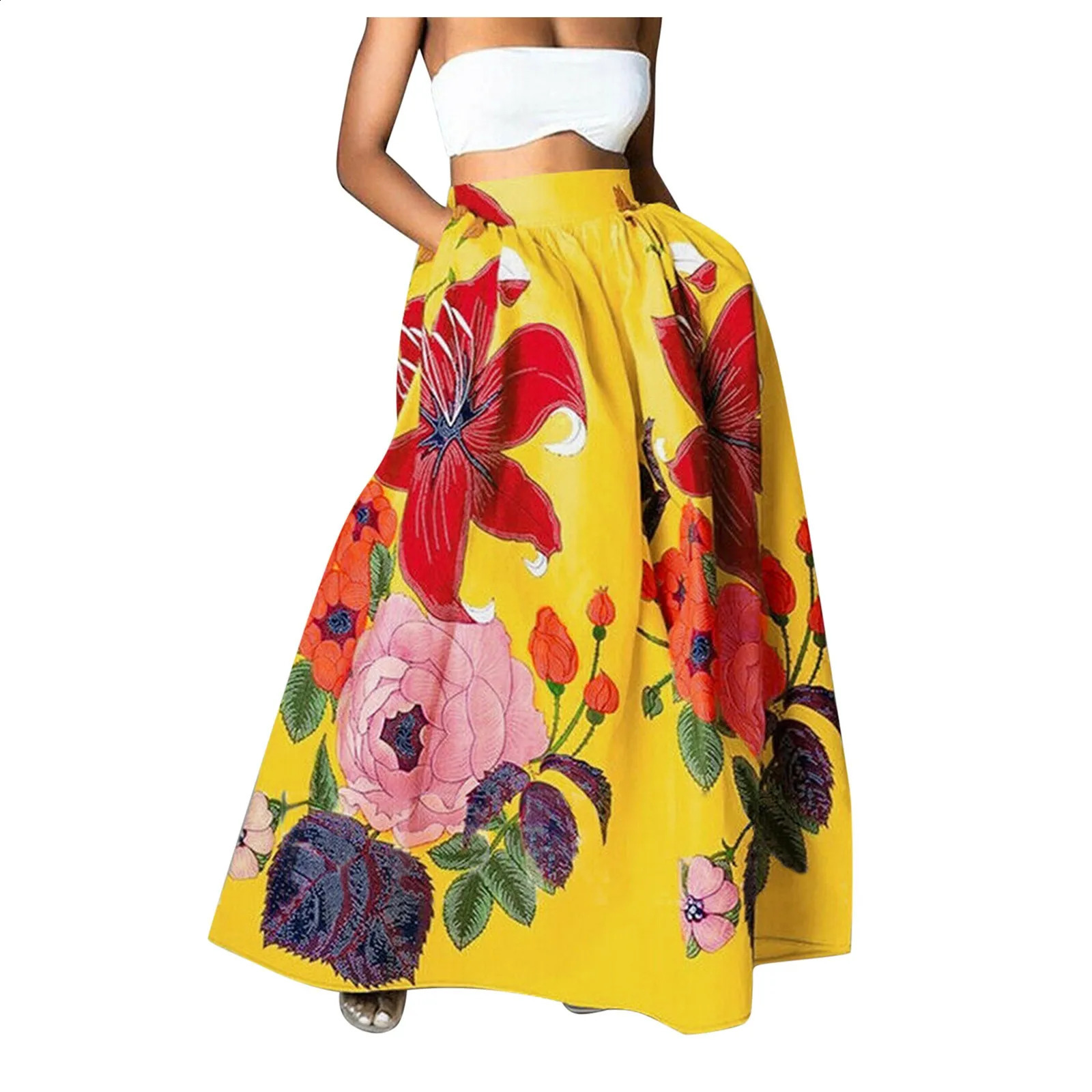 Women Floral Print Maxi Skirt Bohemian High Waist Pocket Party Long Skirt Loose Ruched Dress Elegant Female Fashion A-Line Skirt 240724