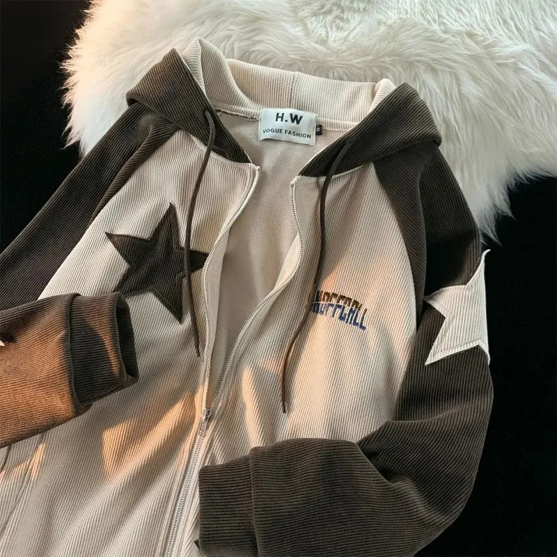 Y2K Harajuku Style Fashion Star Patch Zipper Hooded Women Streetwear Casual Joker Sweatshirt Unisex Stitching Tops 240806