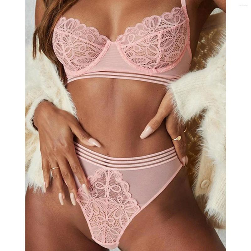 Bras Sets Women Underwear Push Up Bra Set Lace Nightwear Lingerie Sexy Solid Color Briefs Panties Thin Cup High Waist Panty Seamless Thong