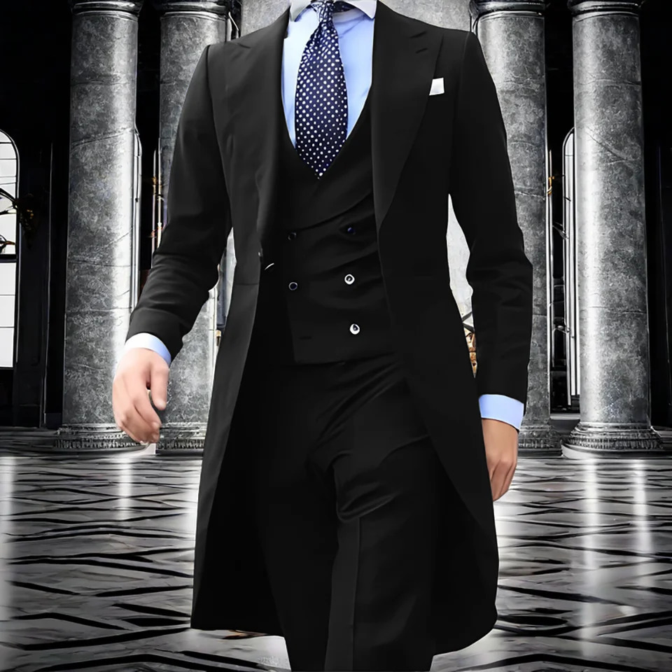 Black Mens Tuxedo 3 Piece Suit Business Formal for Men Long Jacket Office Workwear Custom Size Male Blazer 240724