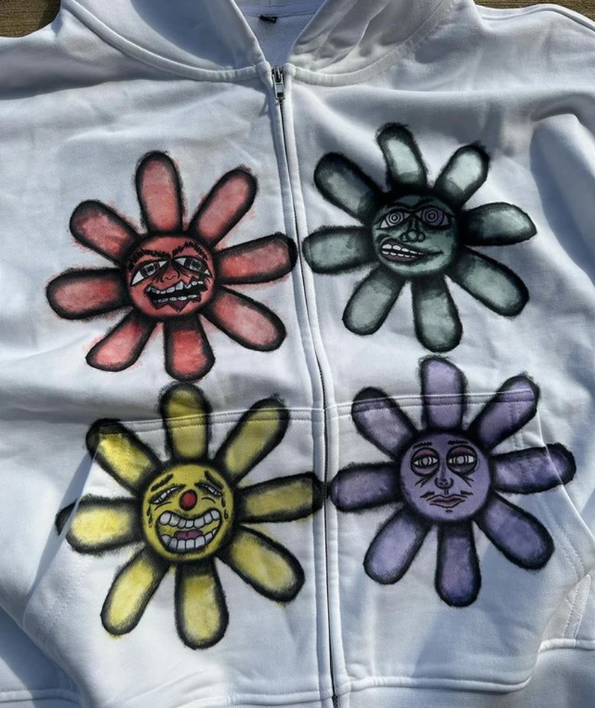 Harajuku Vintage Sunflower Print Zipper Hoodie American Mens and Womens Street Casual Loose Y2K Clothes anime hoodie 240722
