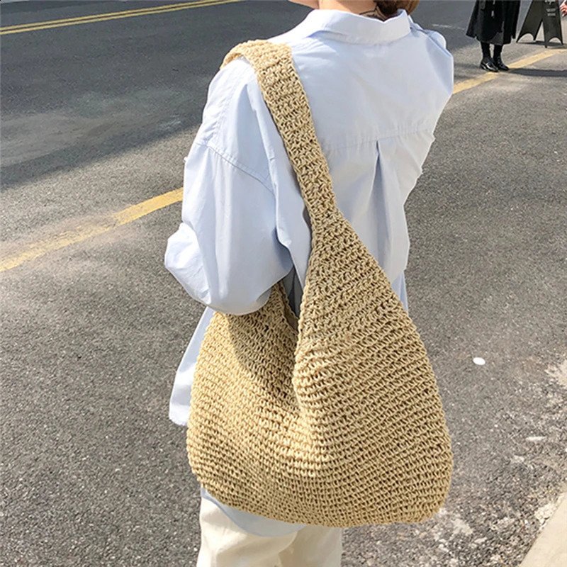 Womens Shoulder Bags Casual Straw Wicker Woven Ladies Handmade Large Capacity Summer Beach Females Messenger Bag 240723