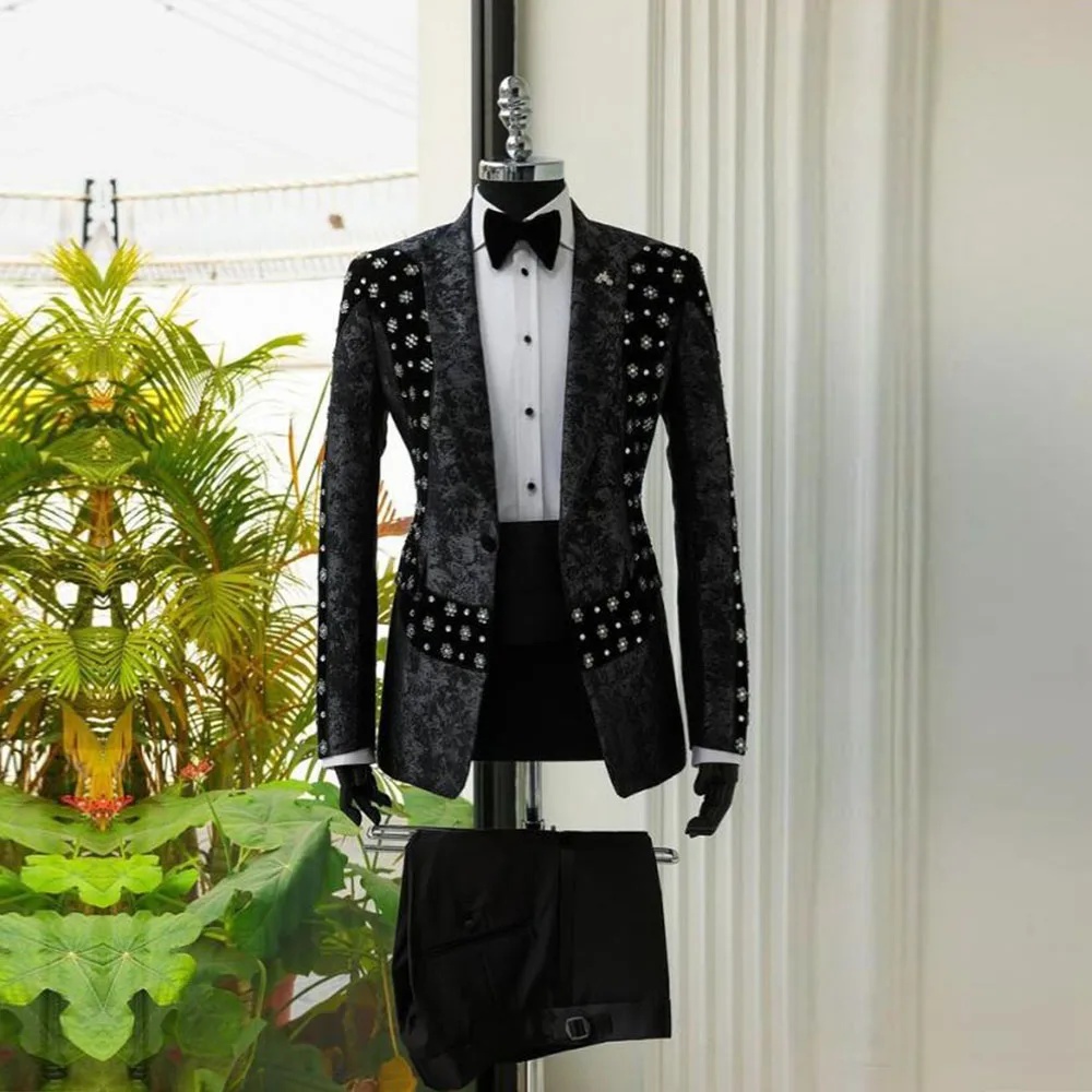 Vintage Men's Blazers Wedding Men Suit Groom Peaked Lapel Jacquard Weave Party Occasions Custom Made 2 Pieces Set (Pants+Jacket)