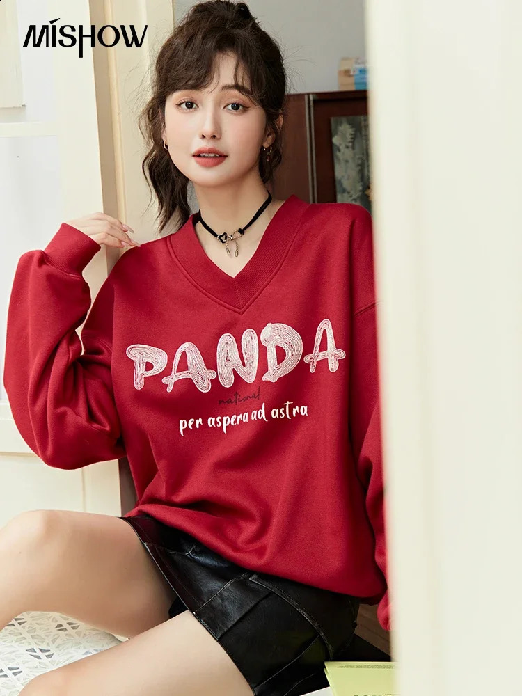 MISHOW Womens Letter Printed Vneck Oversized Sports Shirt Autumn Winter Fashion Casual Loose Soft Office Top MXC47V0024 240827