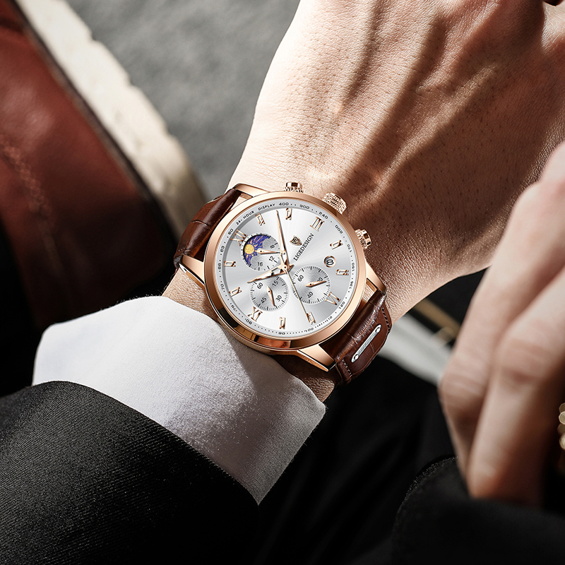 LIGE Men's Quartz Watch 24-hour Moon Phase Calendar Multi-Function Six-pin Watch Classic Business Watch Leather Watch Life Waterproof Watch