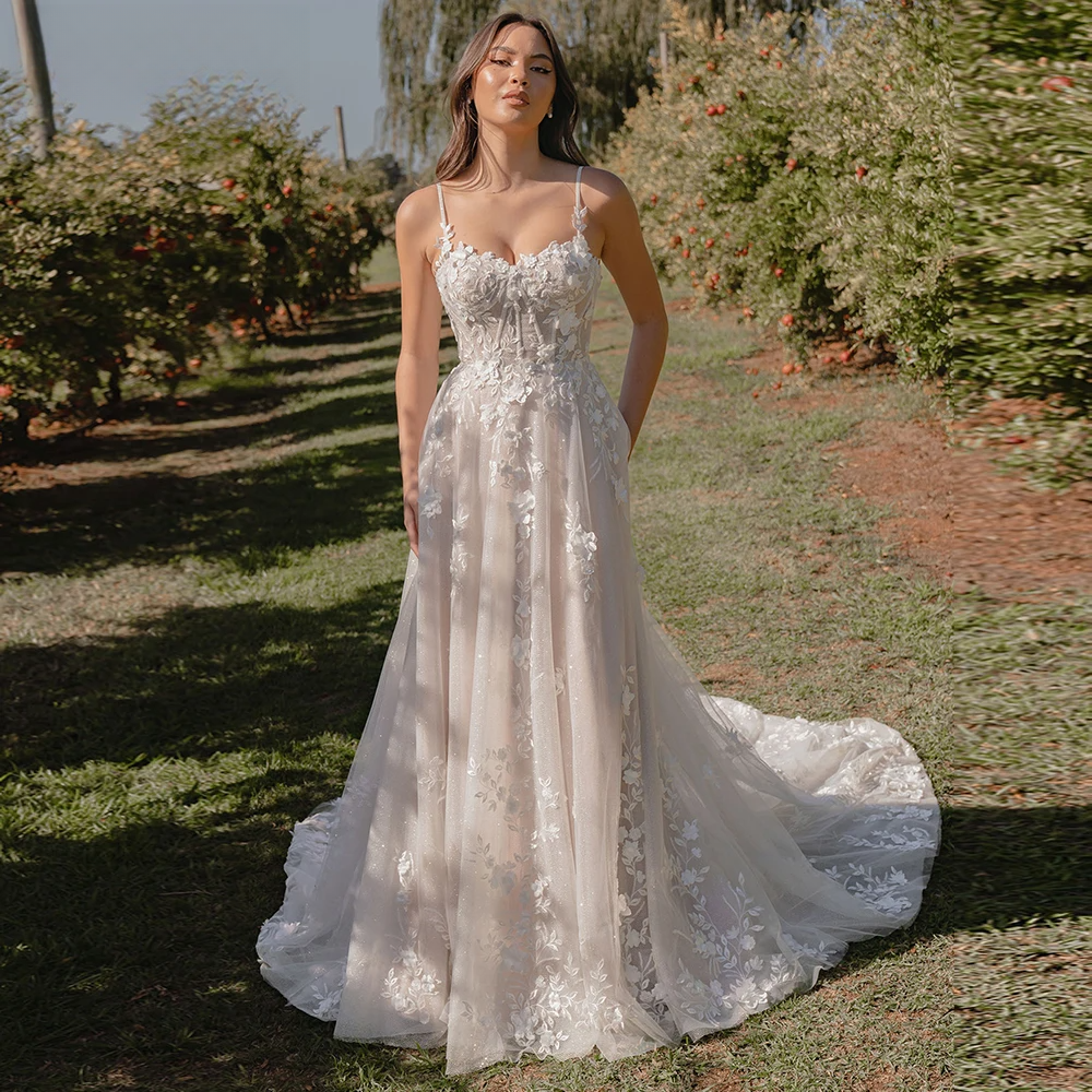 DOUGAL Pastrol Wedding Dresses For Bride A-e Sweetheart Spaghetti Straps Appliques Tulle Abito Da Sposa Personalised